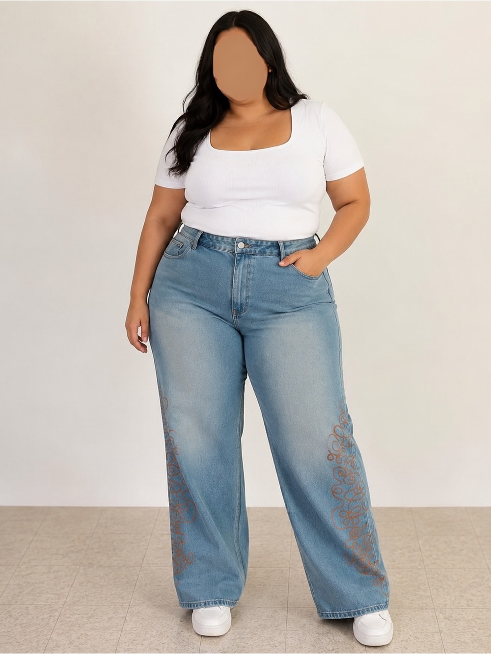 Plus Size High-Rise Light Blue Wide Leg Jeans with Brown Side Embroidery